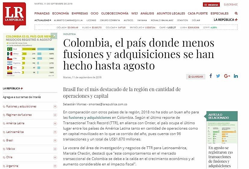 Colombia, el pas donde menos fusiones y adquisiciones se han hecho hasta agosto